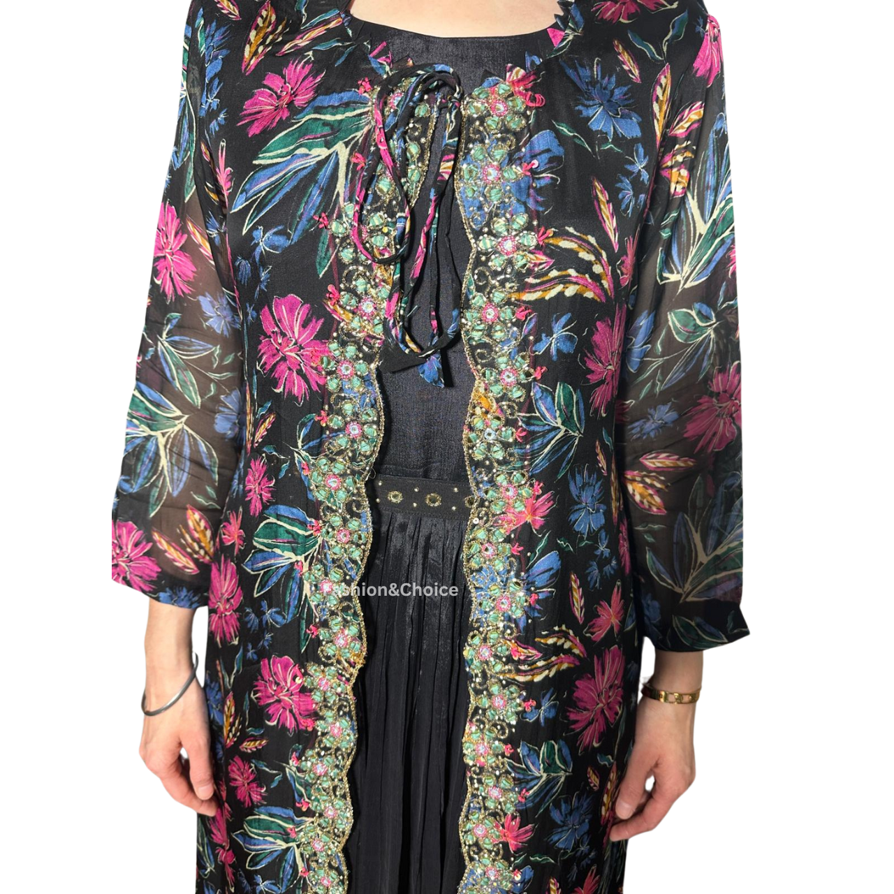 Midnight Bloom – Black Chinon Gown Set with Embroidered Shrug and Belt