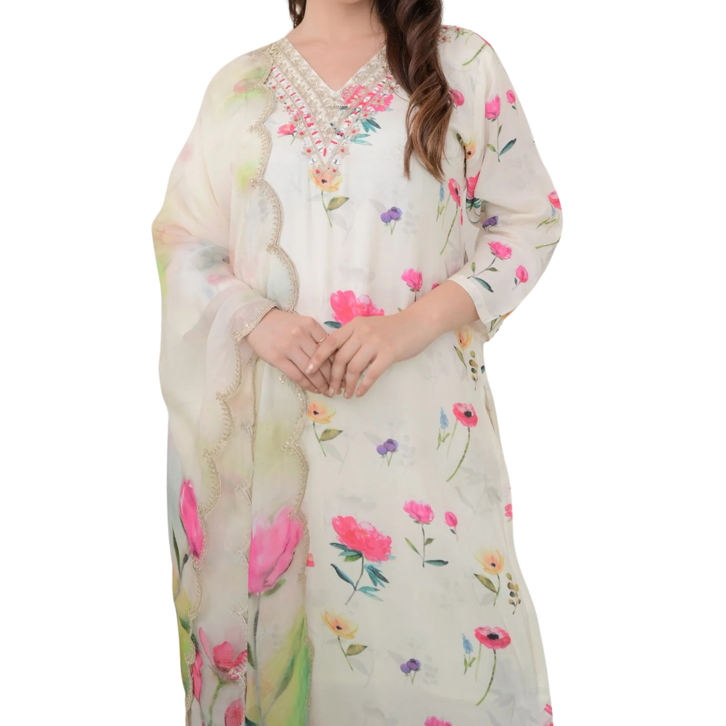 Ivory Bloom – Floral Muslin Suit with Mirror Work and Digital Print Dupatta