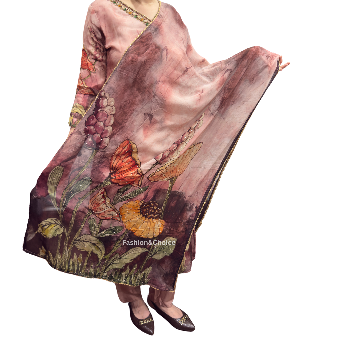 Designer Floral Organza Suit with Hand Embroidery