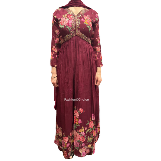 Floral Royale – Maroon Chinon Gown with Hand Work and Dupatta