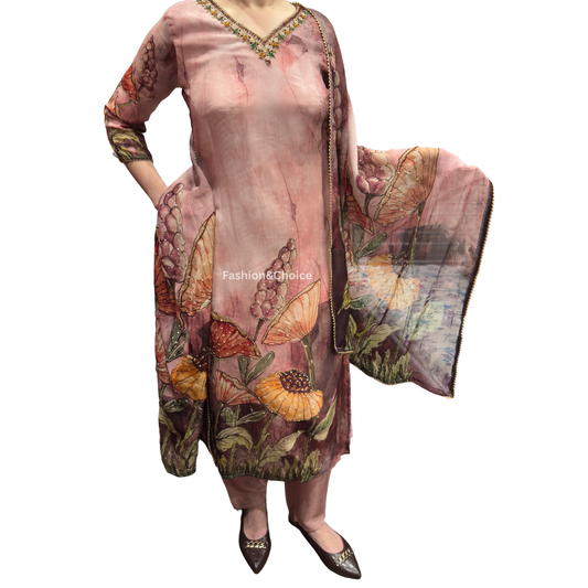 Designer Floral Organza Suit with Hand Embroidery