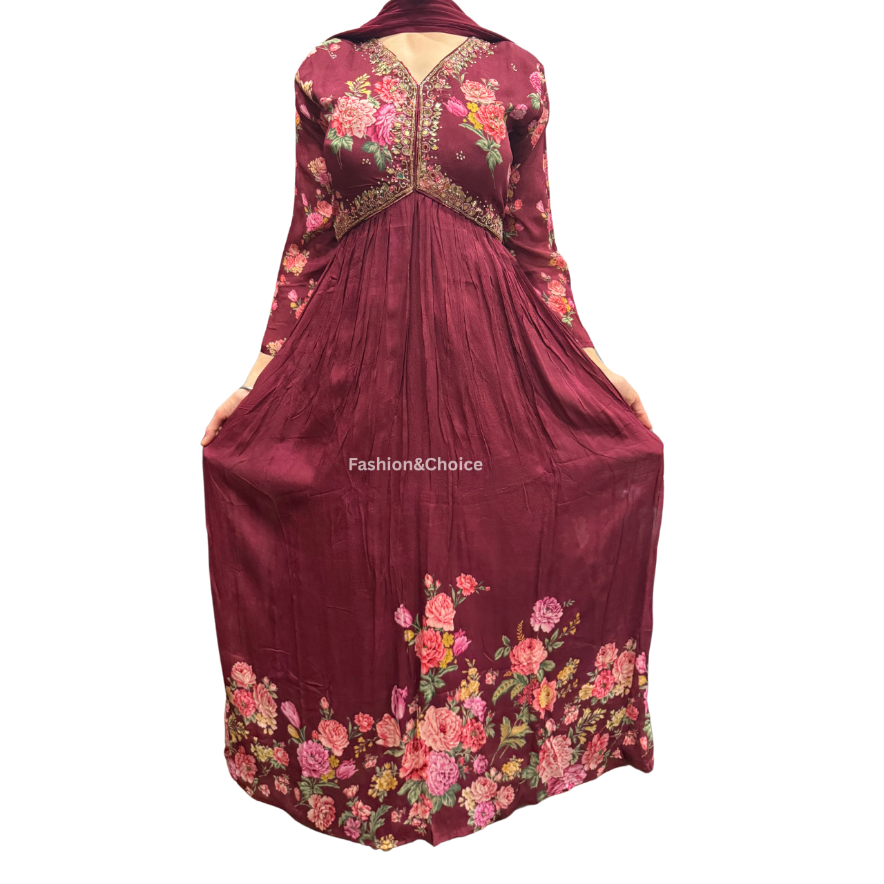 Floral Royale – Maroon Chinon Gown with Hand Work and Dupatta