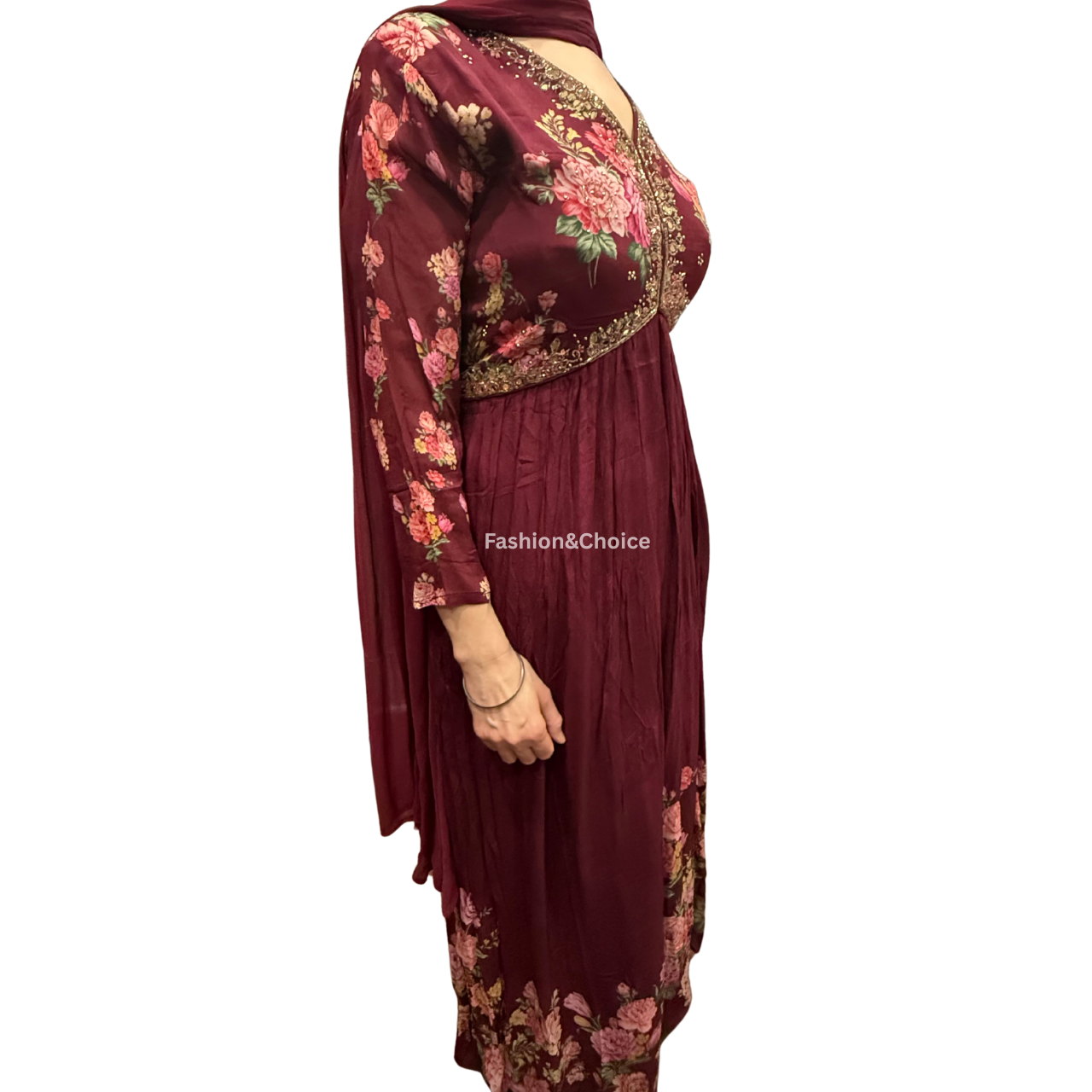 Floral Royale – Maroon Chinon Gown with Hand Work and Dupatta