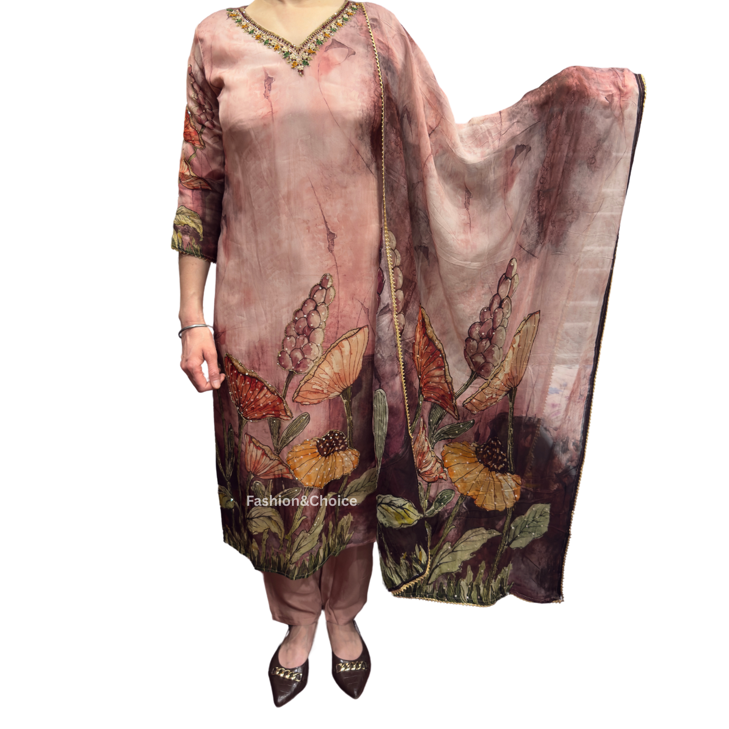 Designer Floral Organza Suit with Hand Embroidery