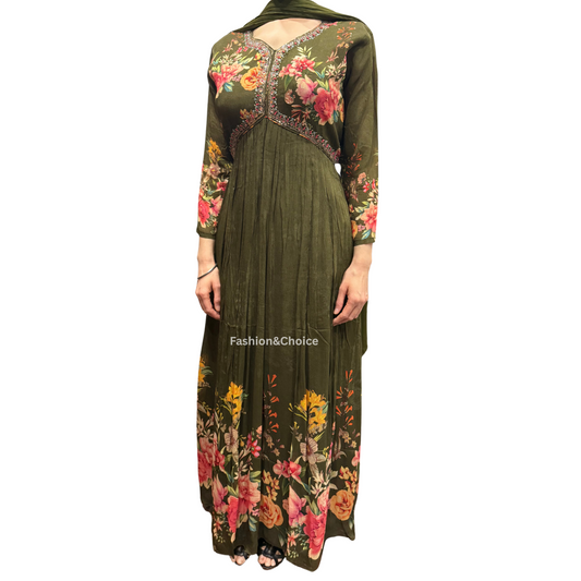 Floral Royale – Olive Chinon Gown with Hand Work and Dupatta
