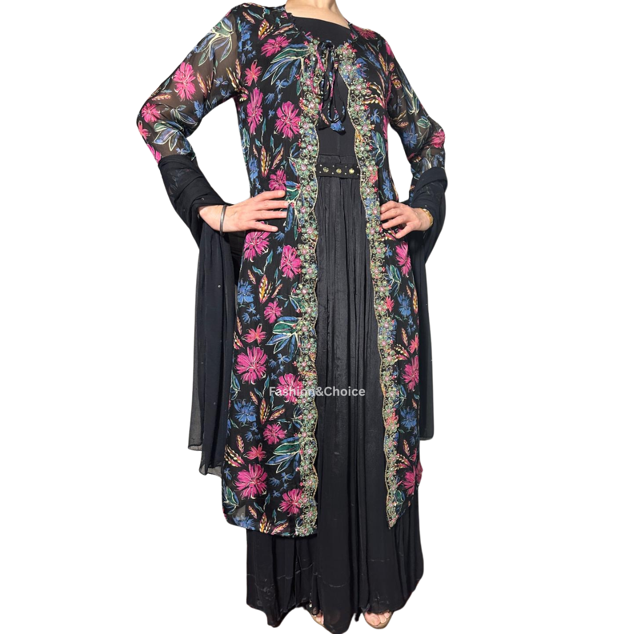 Midnight Bloom – Black Chinon Gown Set with Embroidered Shrug and Belt