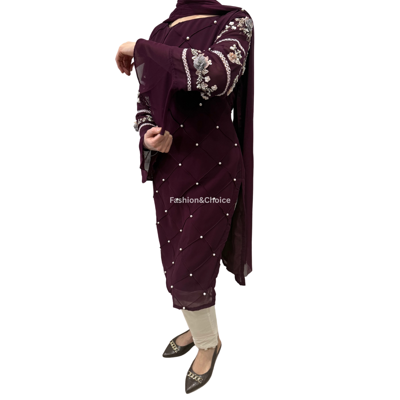 Wine Radiance – Georgette Suit with Hand Work and Designer Pants