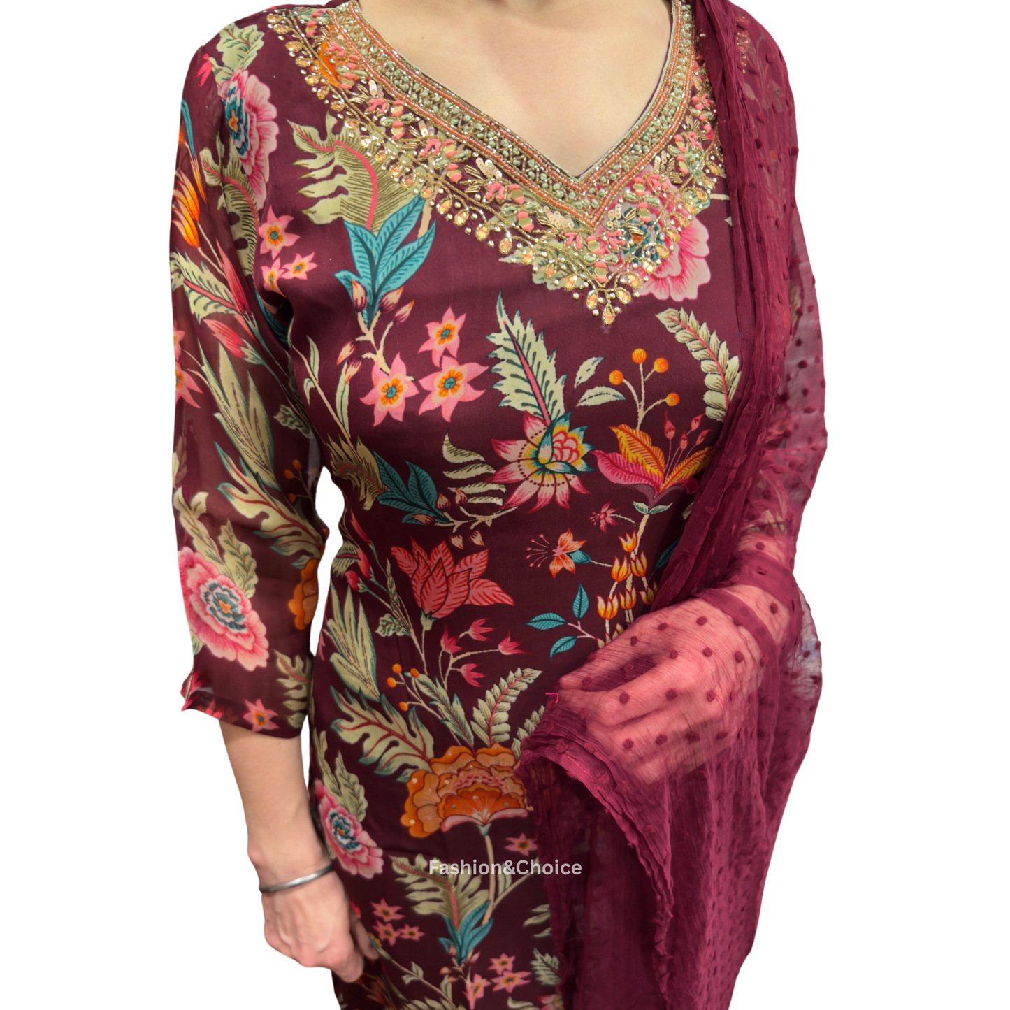 Maroon Bloom – Floral Organza Suit with Hand Embroidery and Chiffon Dupatta