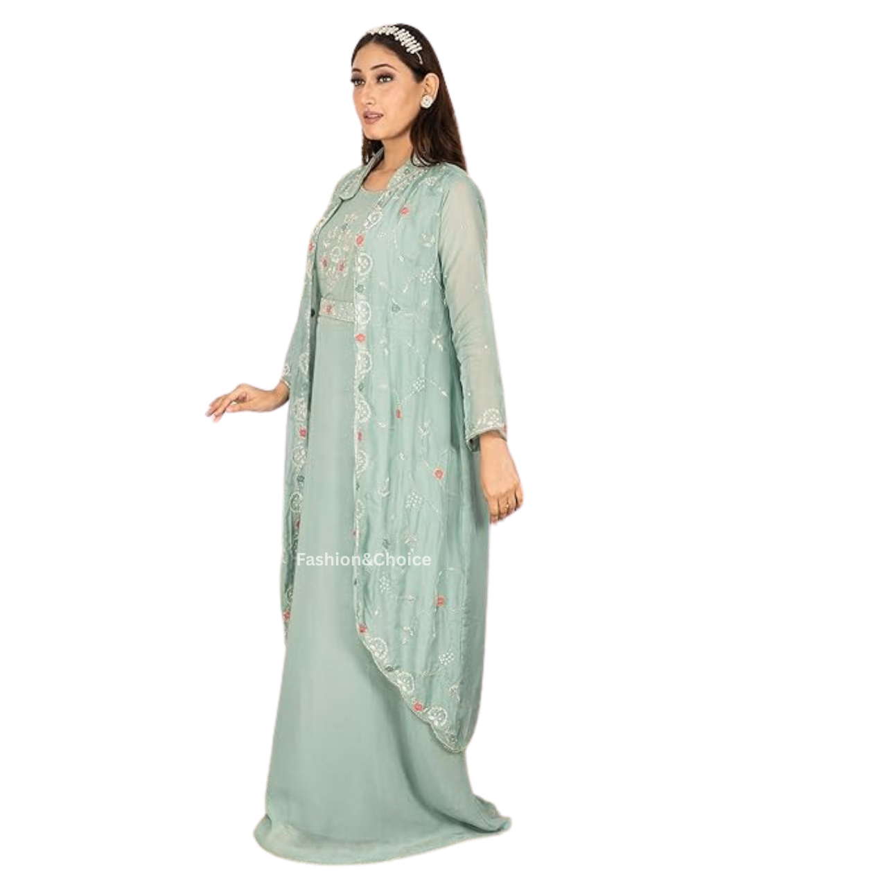 Grace in Layers – Stylish Gown Set with Hand Embroidered Shrug and Belt