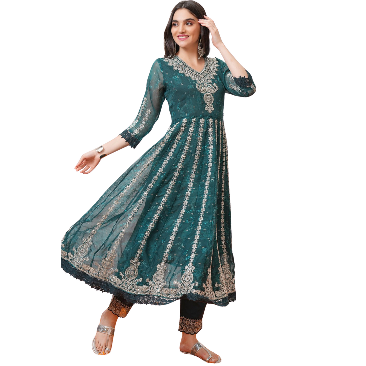Ocean Grace – Sea Blue Green Organza Anarkali Suit with Embroidery