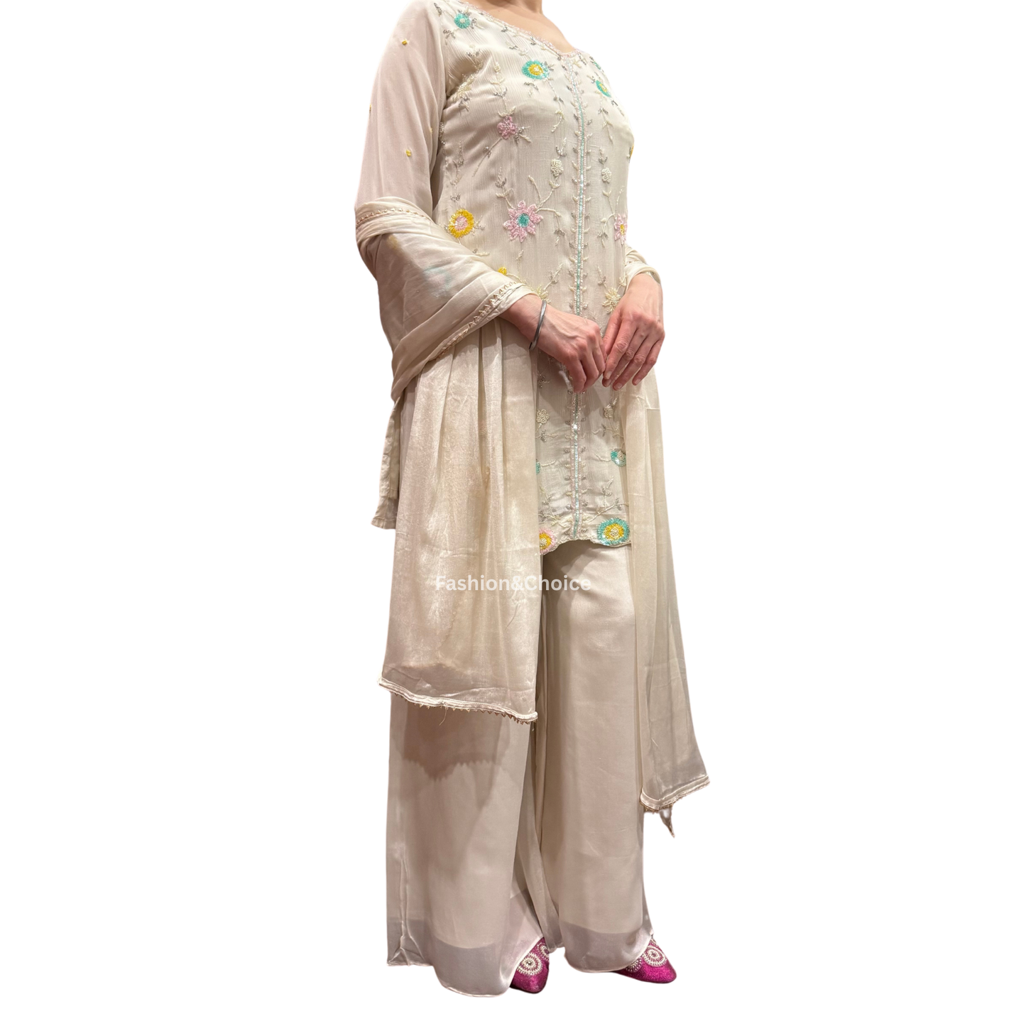 Ivory Grace – Fully Embroidered Chinon Suit with Palazzo Pants