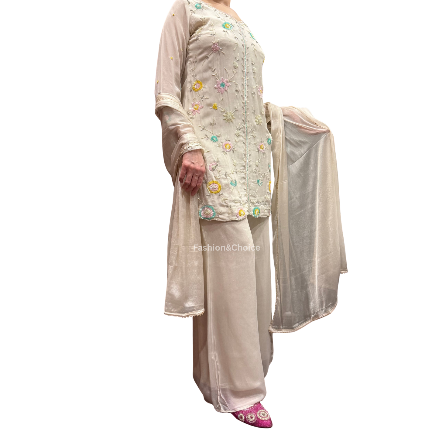 Ivory Grace – Fully Embroidered Chinon Suit with Palazzo Pants