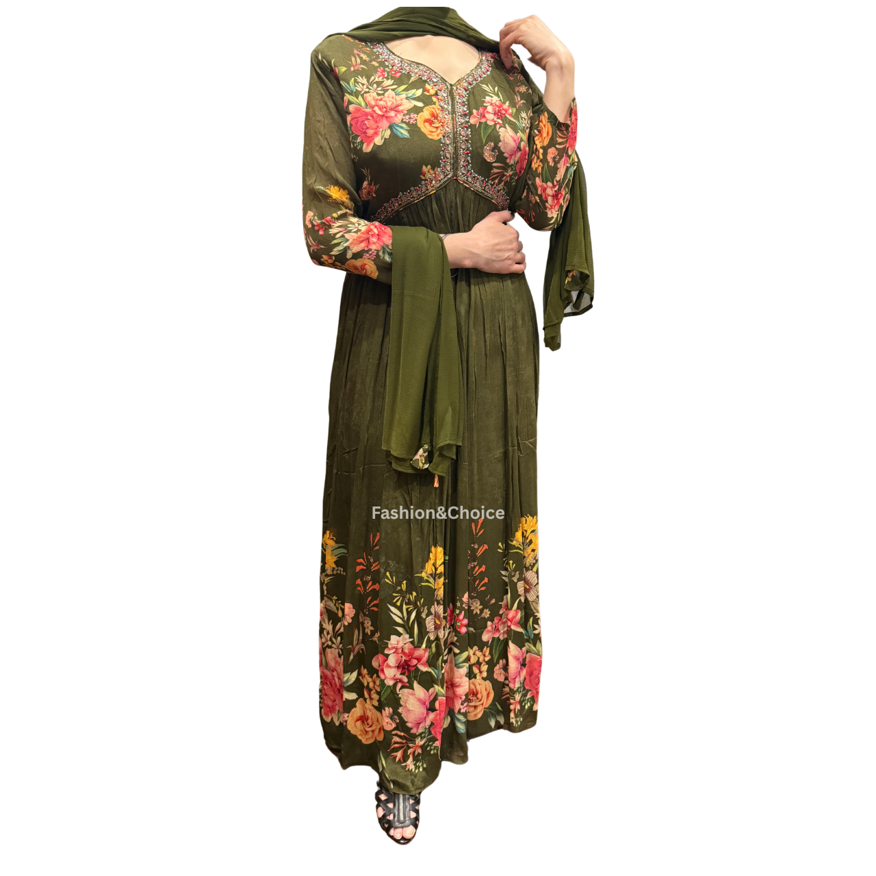 Floral Royale – Olive Chinon Gown with Hand Work and Dupatta