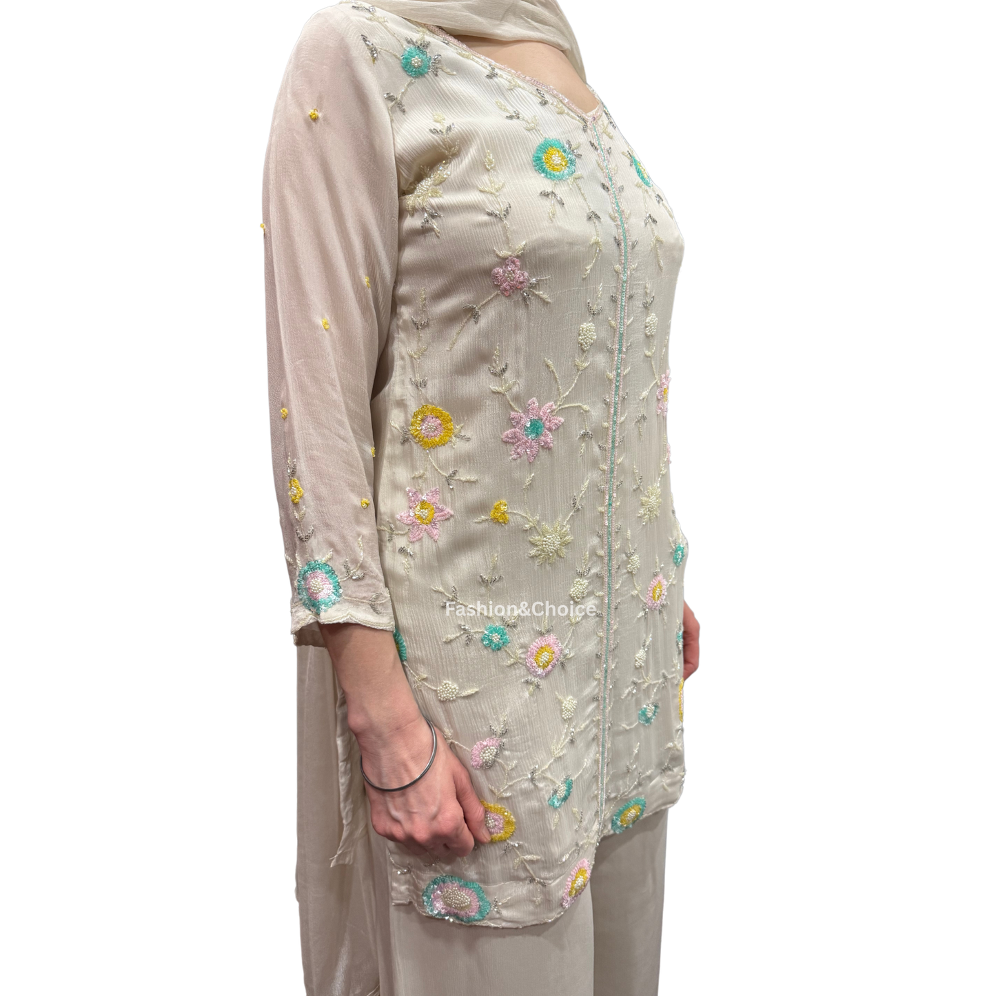 Ivory Grace – Fully Embroidered Chinon Suit with Palazzo Pants