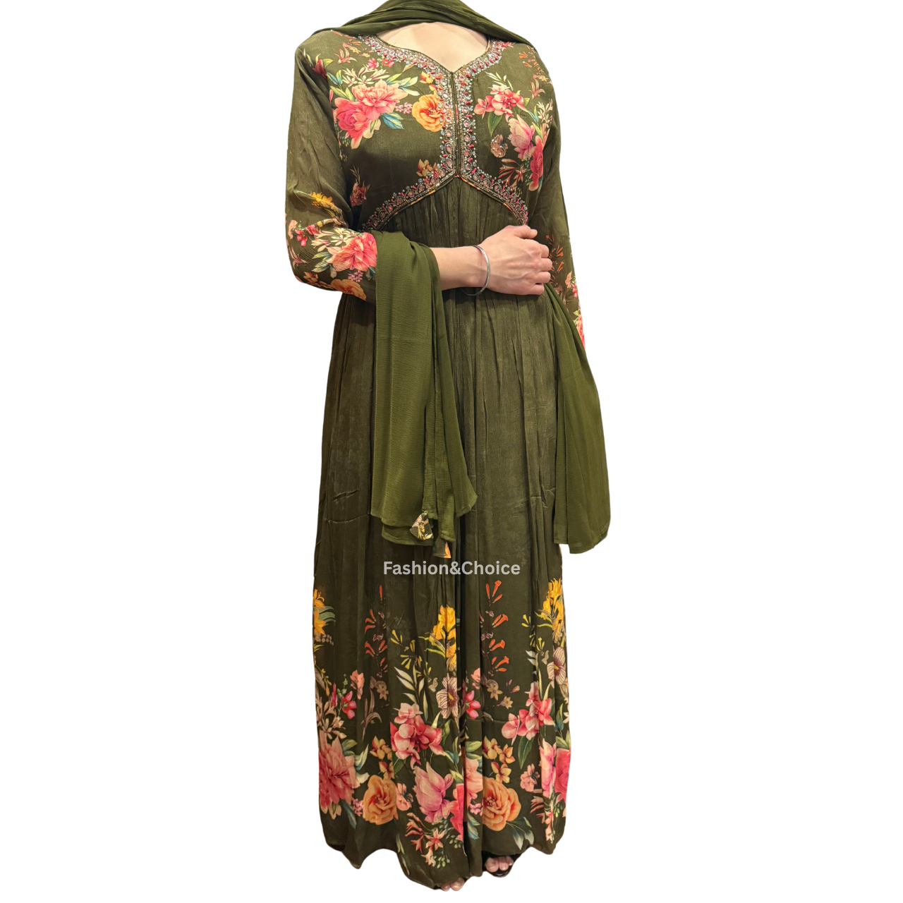 Floral Royale – Olive Chinon Gown with Hand Work and Dupatta