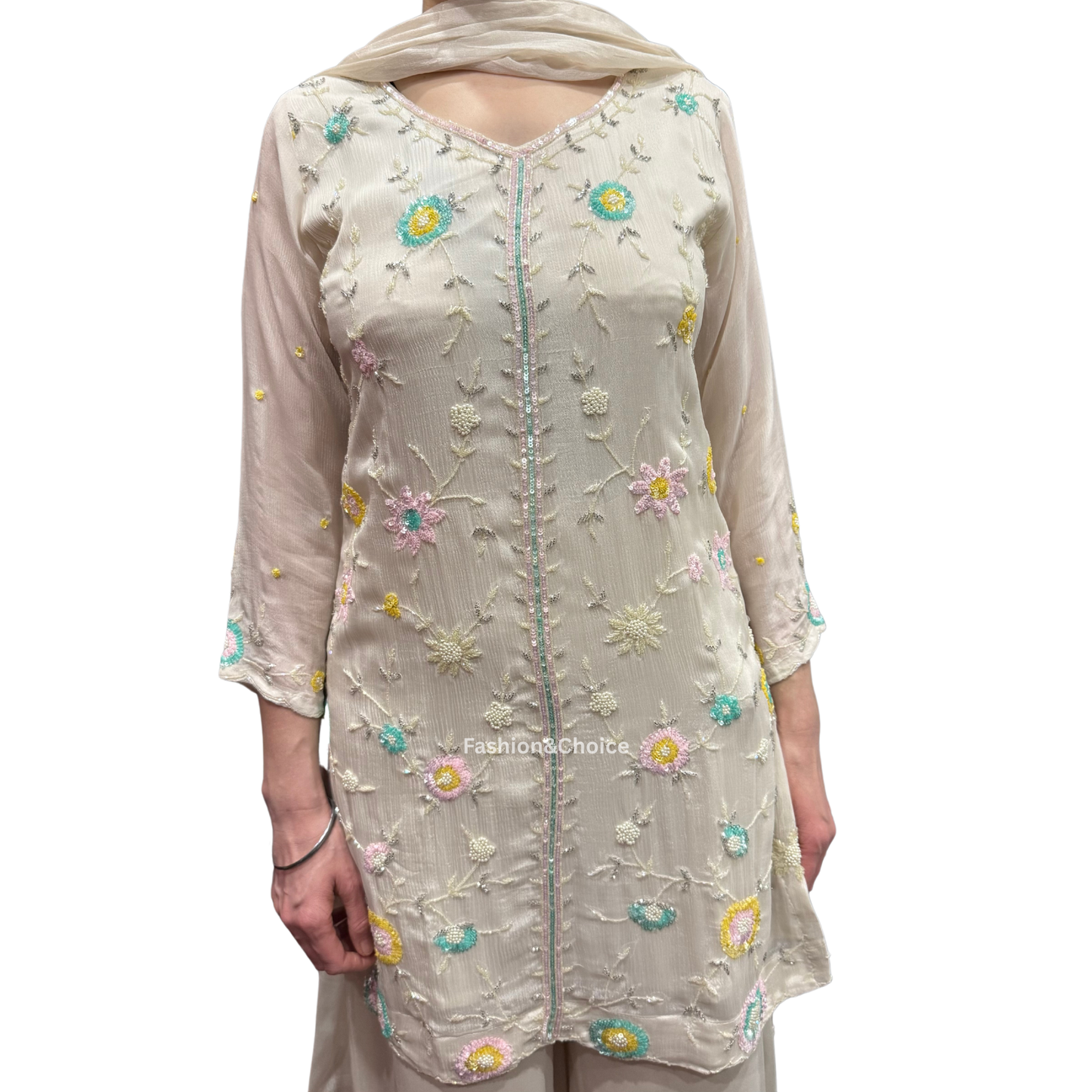 Ivory Grace – Fully Embroidered Chinon Suit with Palazzo Pants