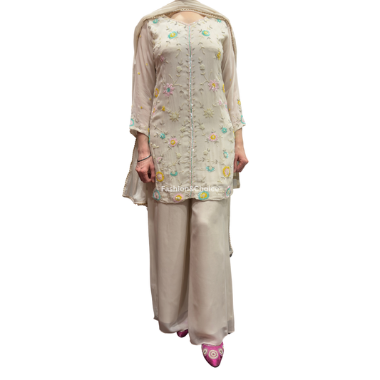 Ivory Grace – Fully Embroidered Chinon Suit with Palazzo Pants