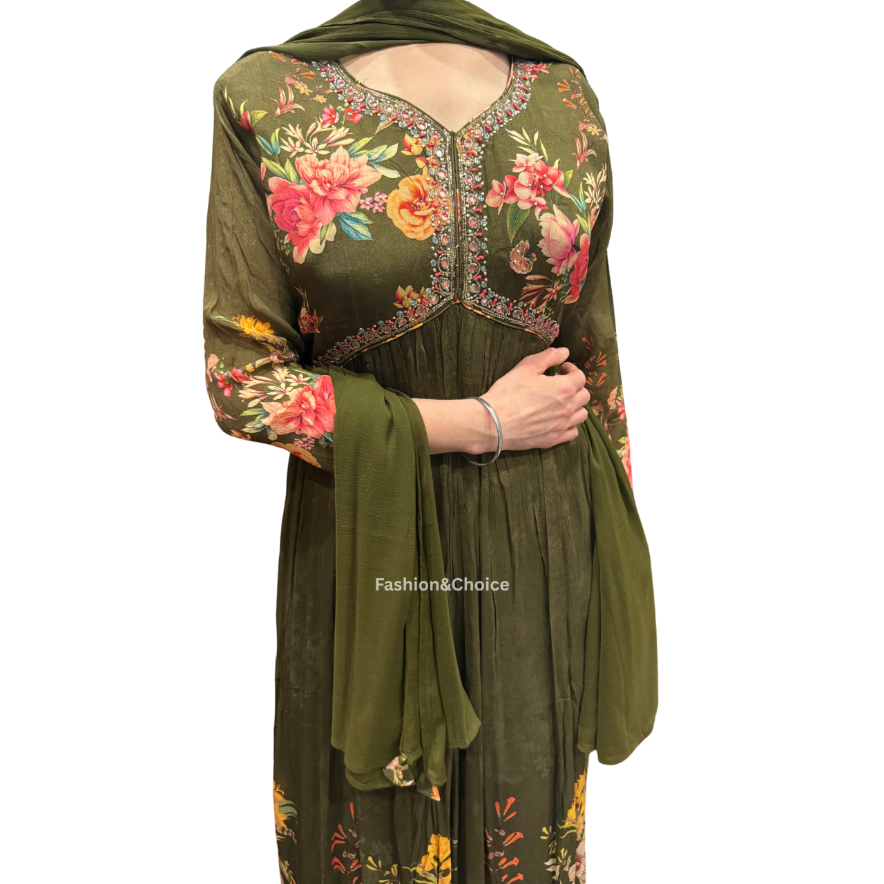 Floral Royale – Olive Chinon Gown with Hand Work and Dupatta