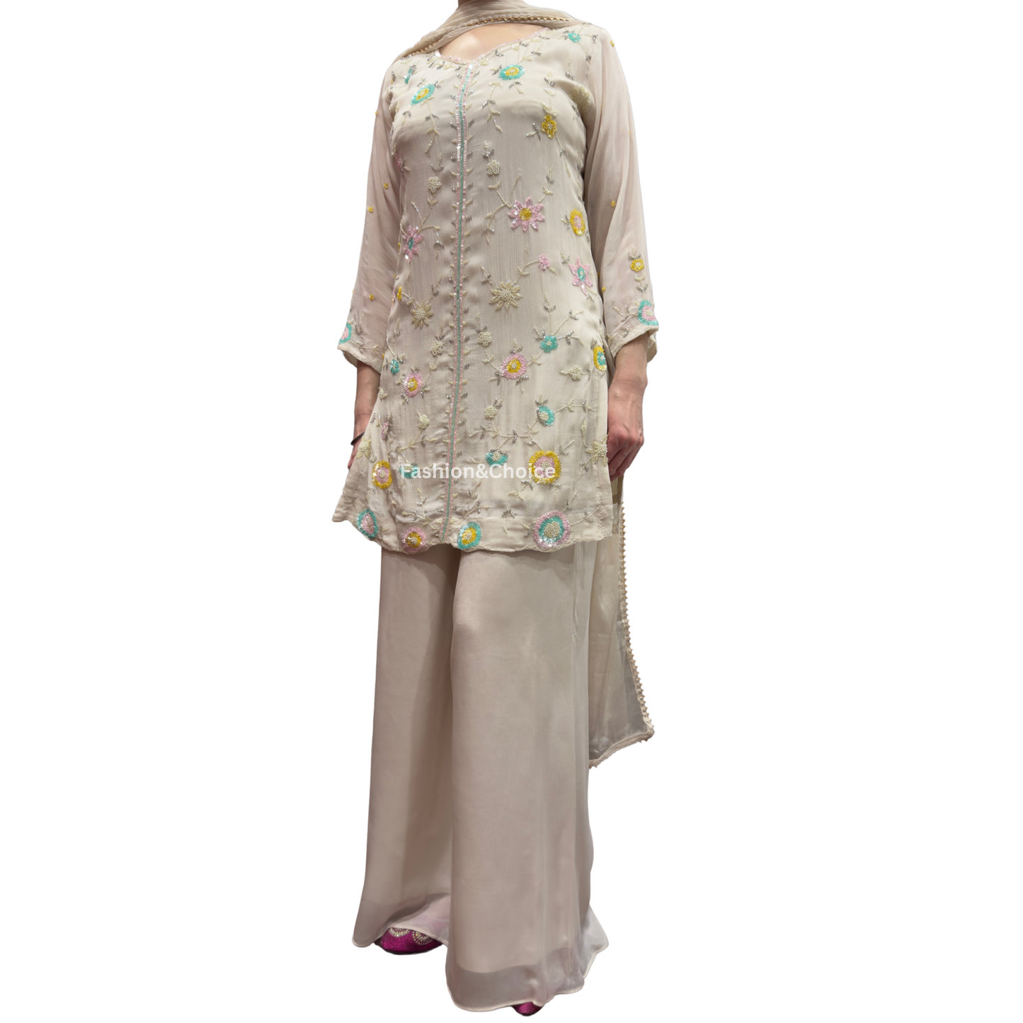 Ivory Grace – Fully Embroidered Chinon Suit with Palazzo Pants