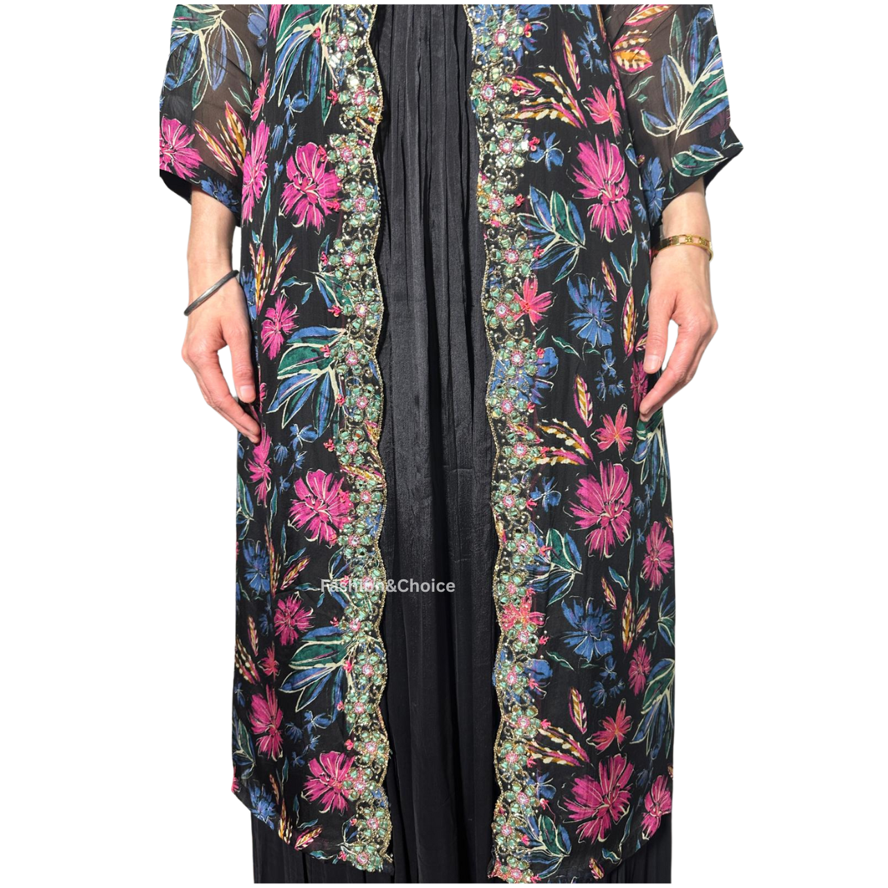 Midnight Bloom – Black Chinon Gown Set with Embroidered Shrug and Belt