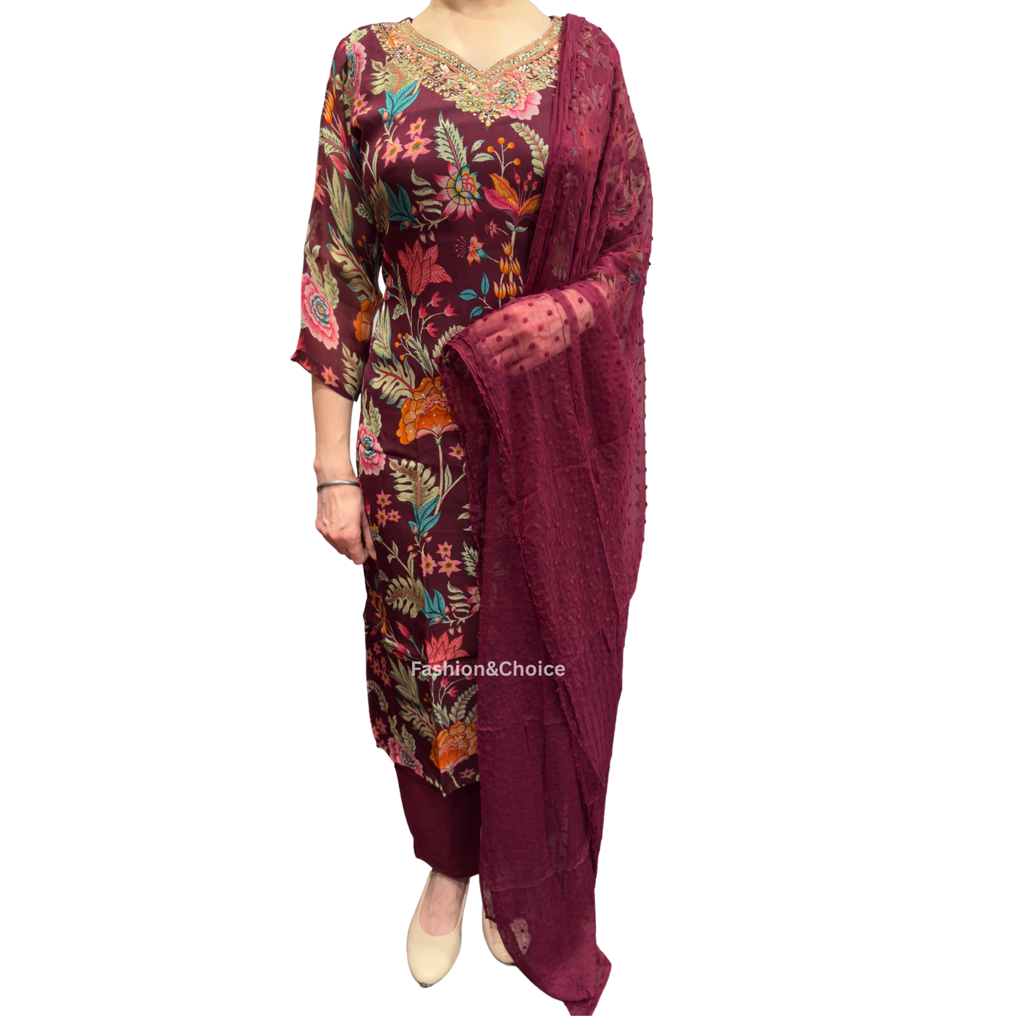 Maroon Bloom – Floral Organza Suit with Hand Embroidery and Chiffon Dupatta