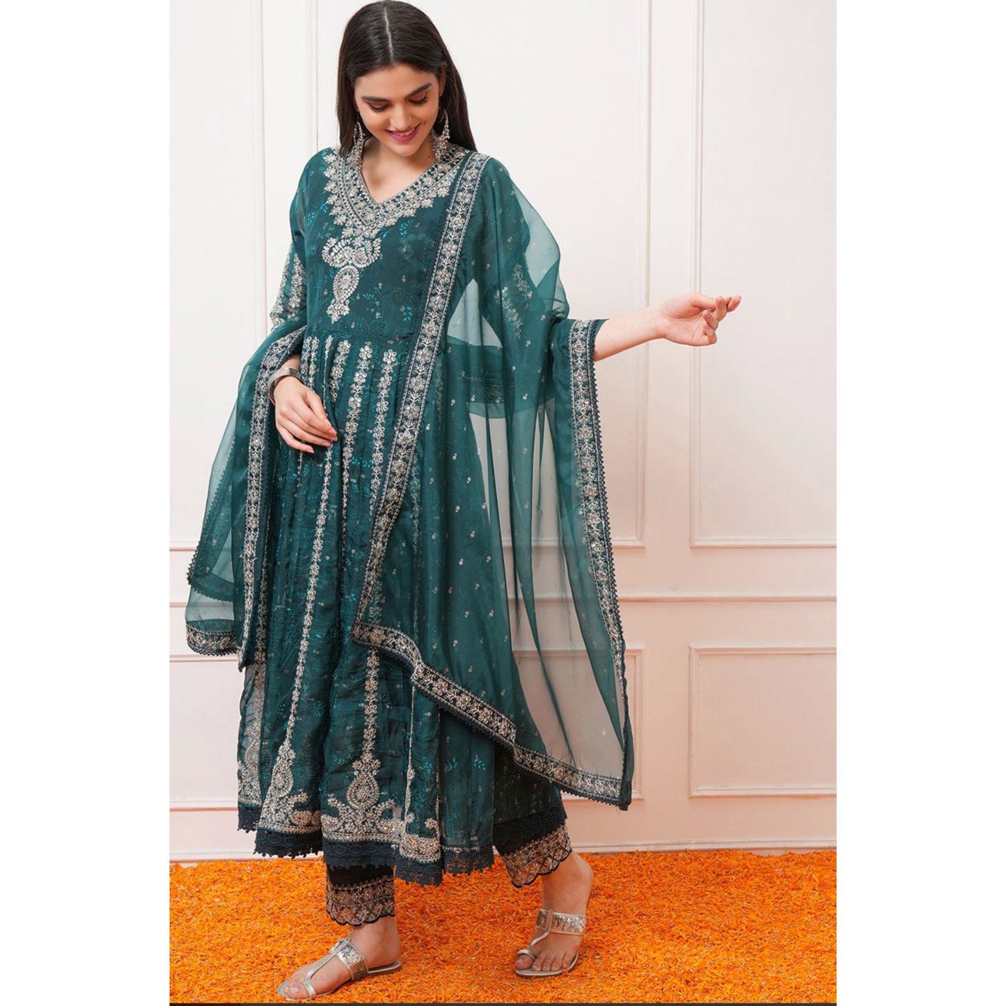 Ocean Grace – Sea Blue Green Organza Anarkali Suit with Embroidery