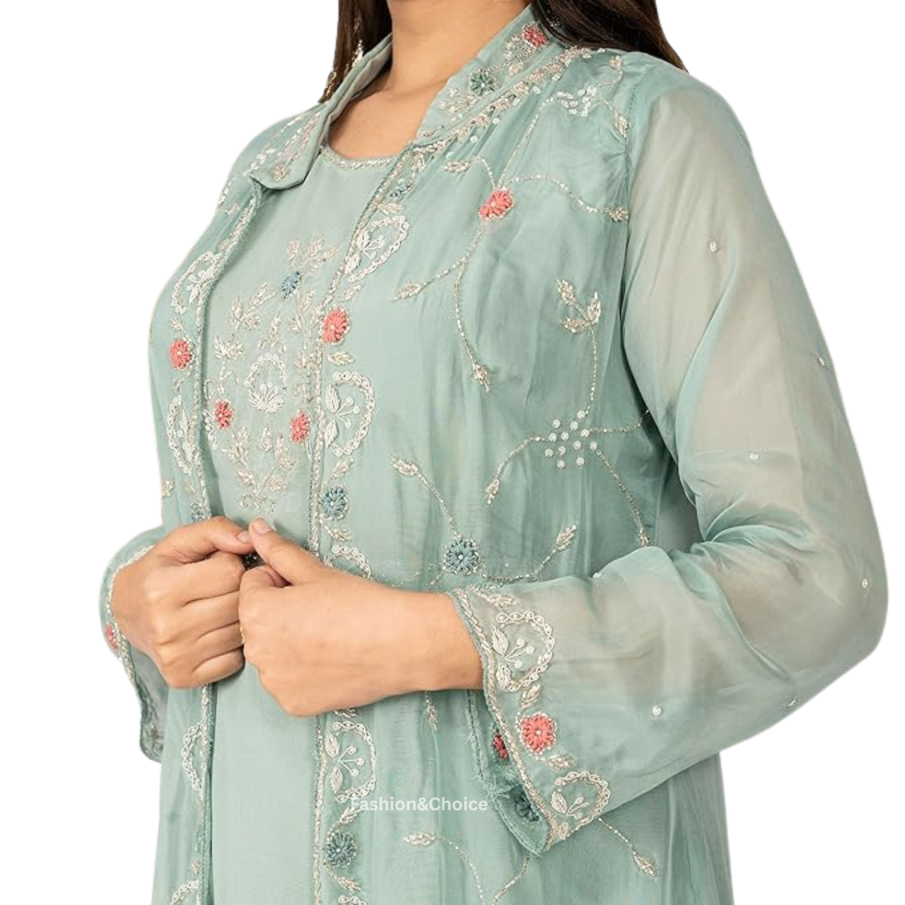 Grace in Layers – Stylish Gown Set with Hand Embroidered Shrug and Belt