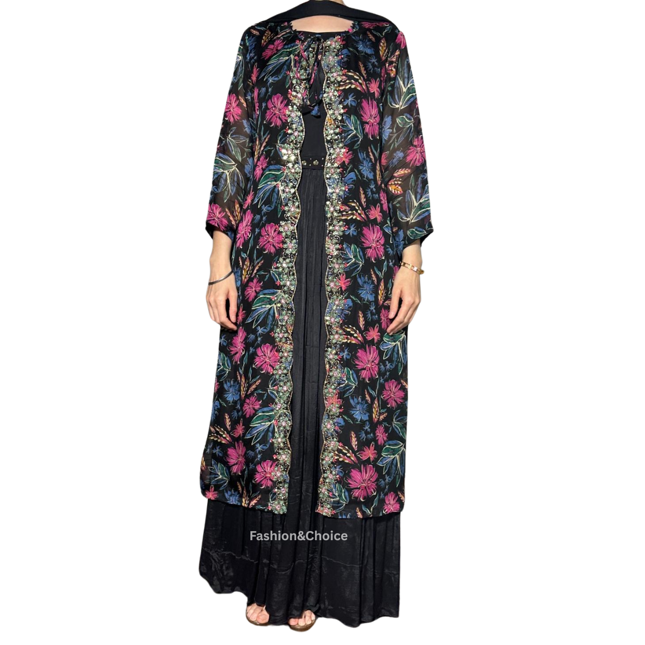 Midnight Bloom – Black Chinon Gown Set with Embroidered Shrug and Belt
