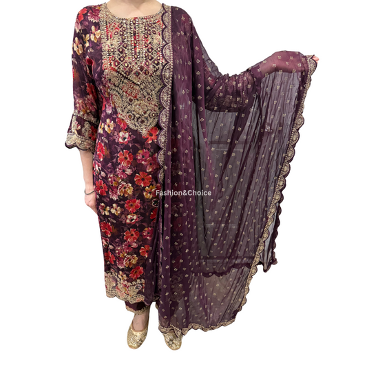 Wine Blossom – Floral Suit with Embroidery and Dupatta