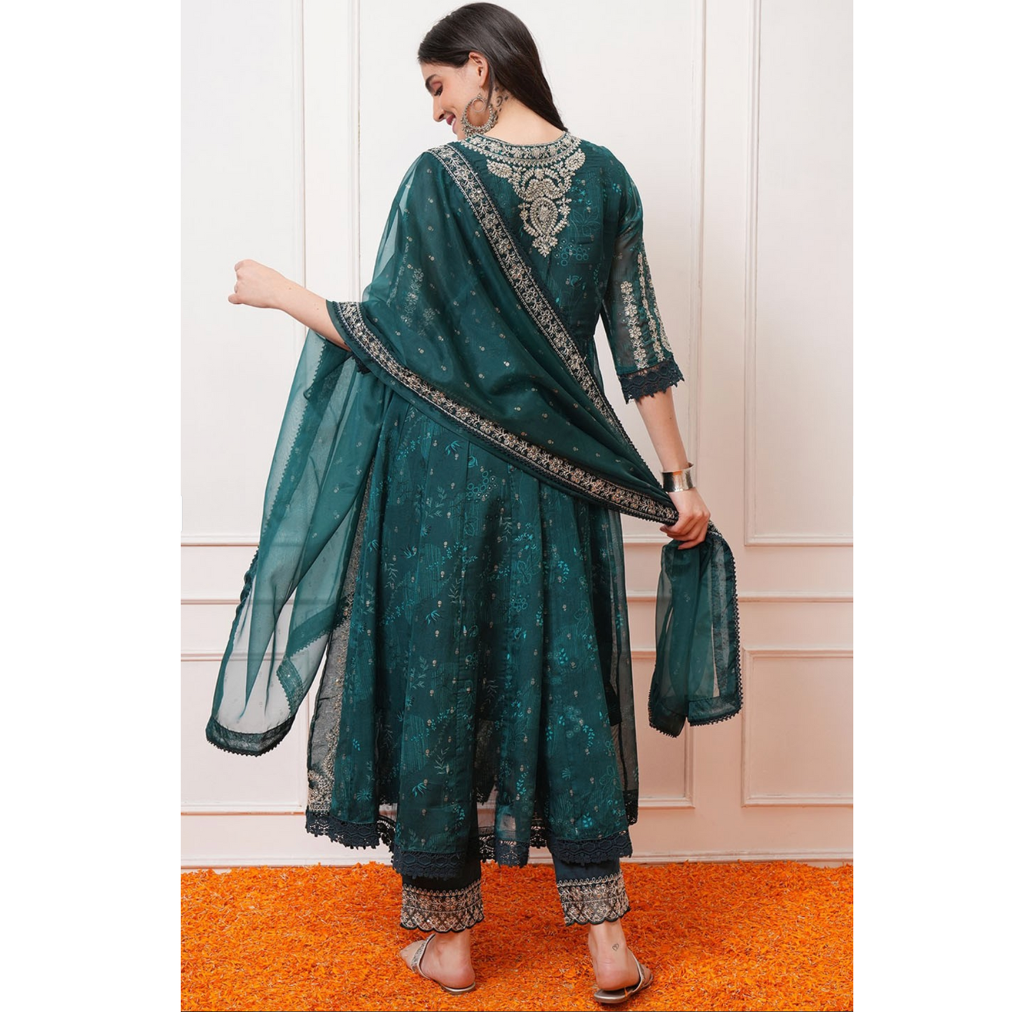 Ocean Grace – Sea Blue Green Organza Anarkali Suit with Embroidery