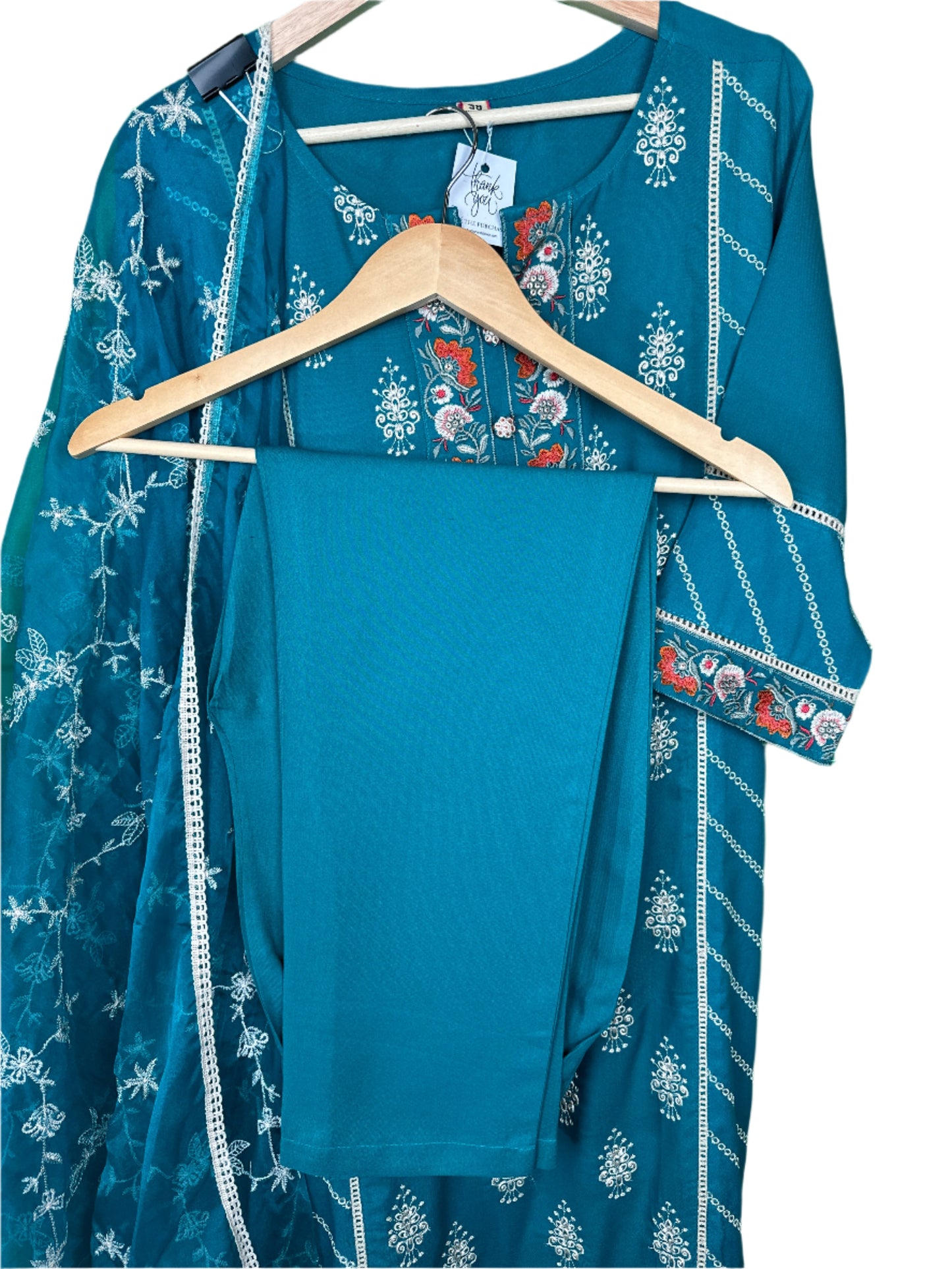 Elegant Charm – Turquoise Embroidered Rayon Suit with Organza Dupatta