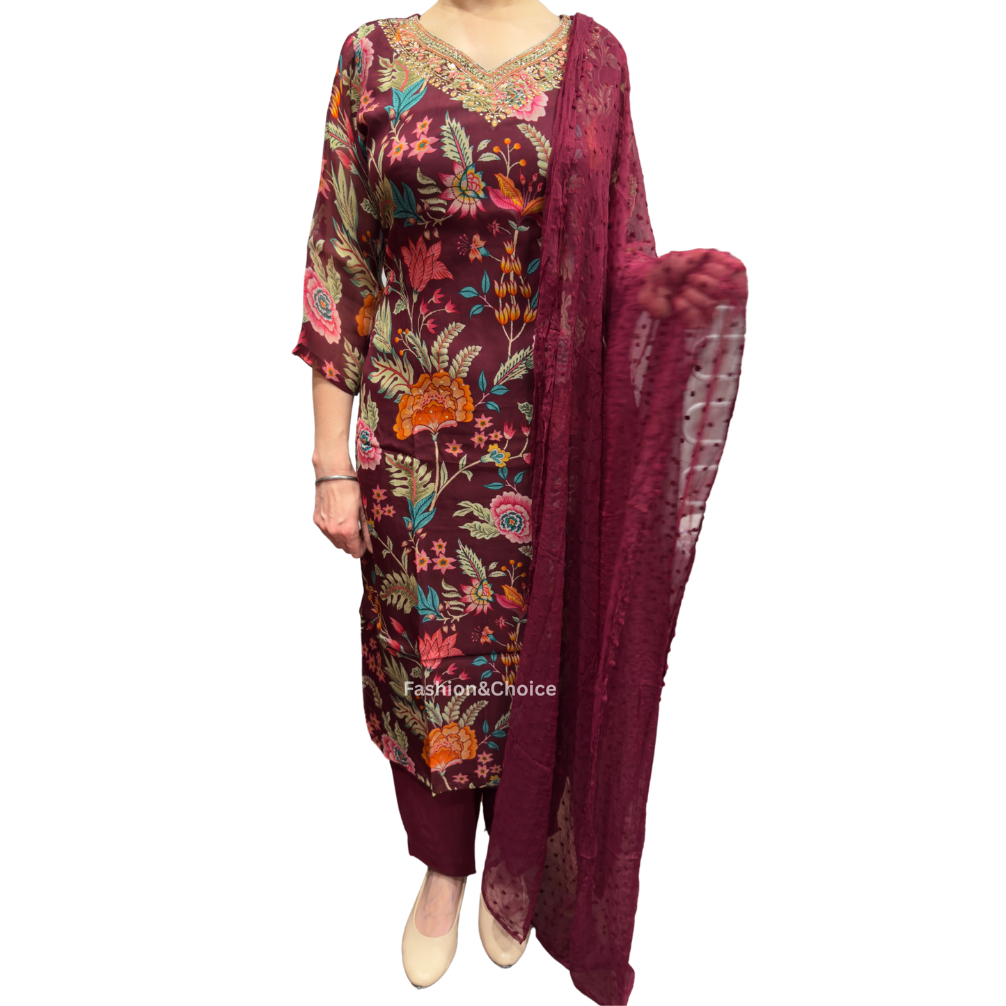 Maroon Bloom – Floral Organza Suit with Hand Embroidery and Chiffon Dupatta