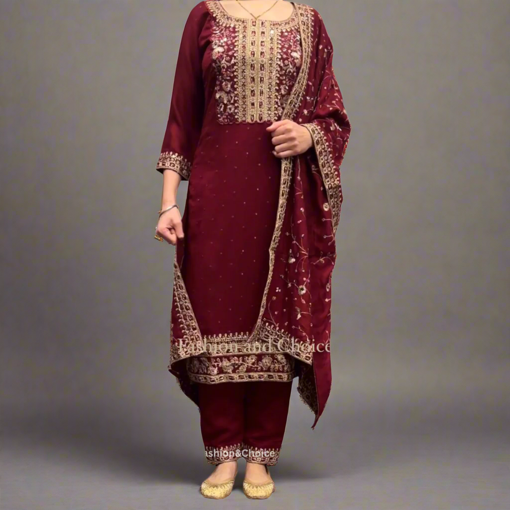 Royal Maroon – Dola Silk Suit with Jari Work and Jaal Dupatta