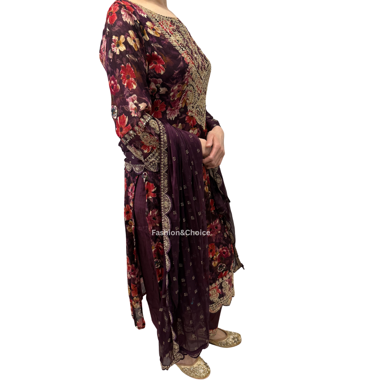 Wine Blossom – Floral Suit with Embroidery and Dupatta