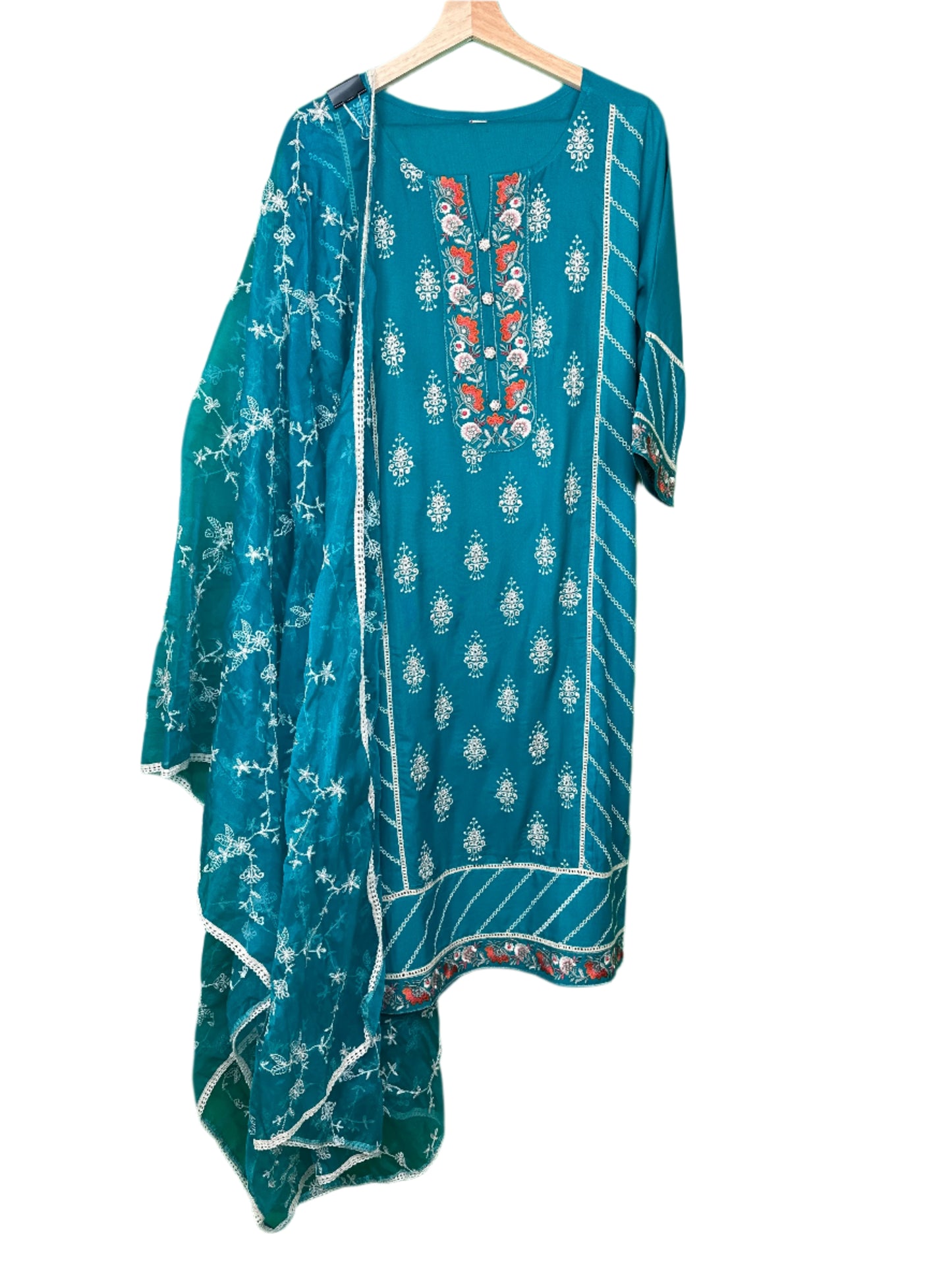 Elegant Charm – Turquoise Embroidered Rayon Suit with Organza Dupatta