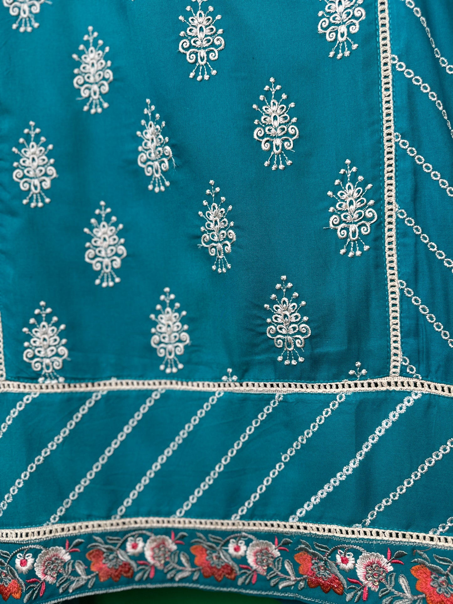 Elegant Charm – Turquoise Embroidered Rayon Suit with Organza Dupatta