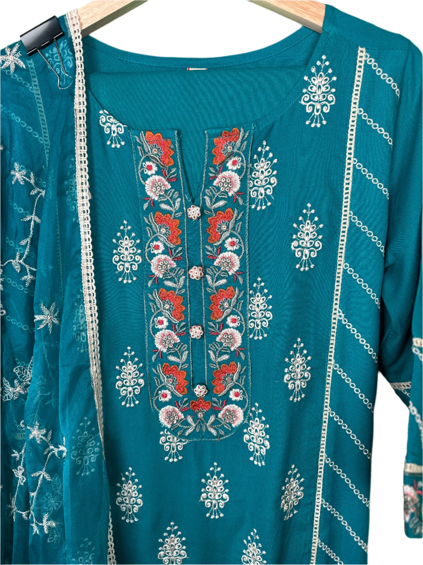 Elegant Charm – Turquoise Embroidered Rayon Suit with Organza Dupatta