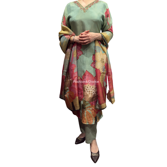 Floral Glow – Tissue Shimmer Suit with Digital Print Dupatta