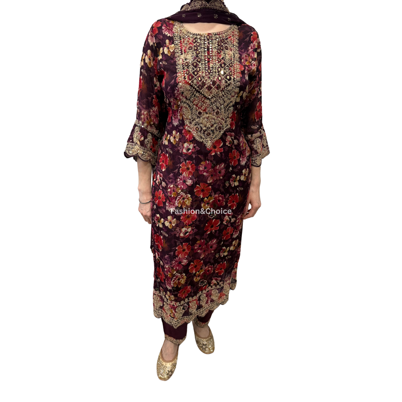 Wine Blossom – Floral Suit with Embroidery and Dupatta