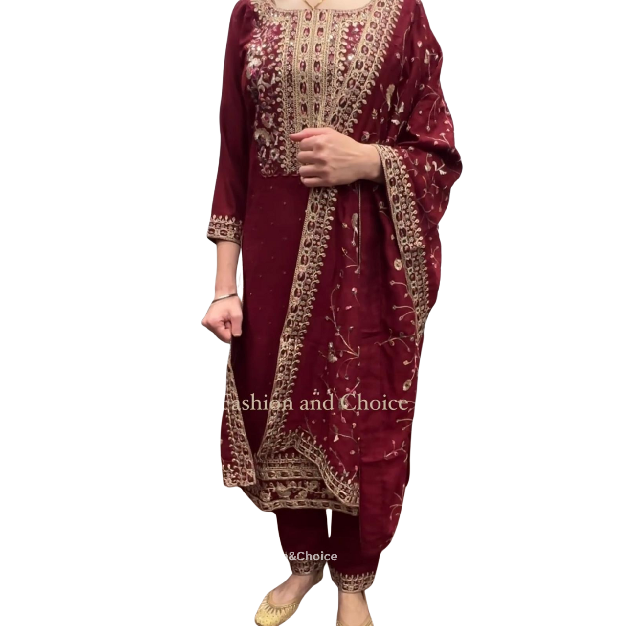 Royal Maroon – Dola Silk Suit with Jari Work and Jaal Dupatta