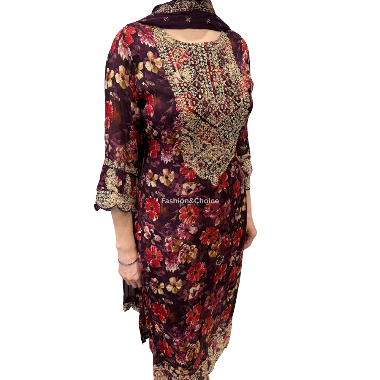 Wine Blossom – Floral Suit with Embroidery and Dupatta