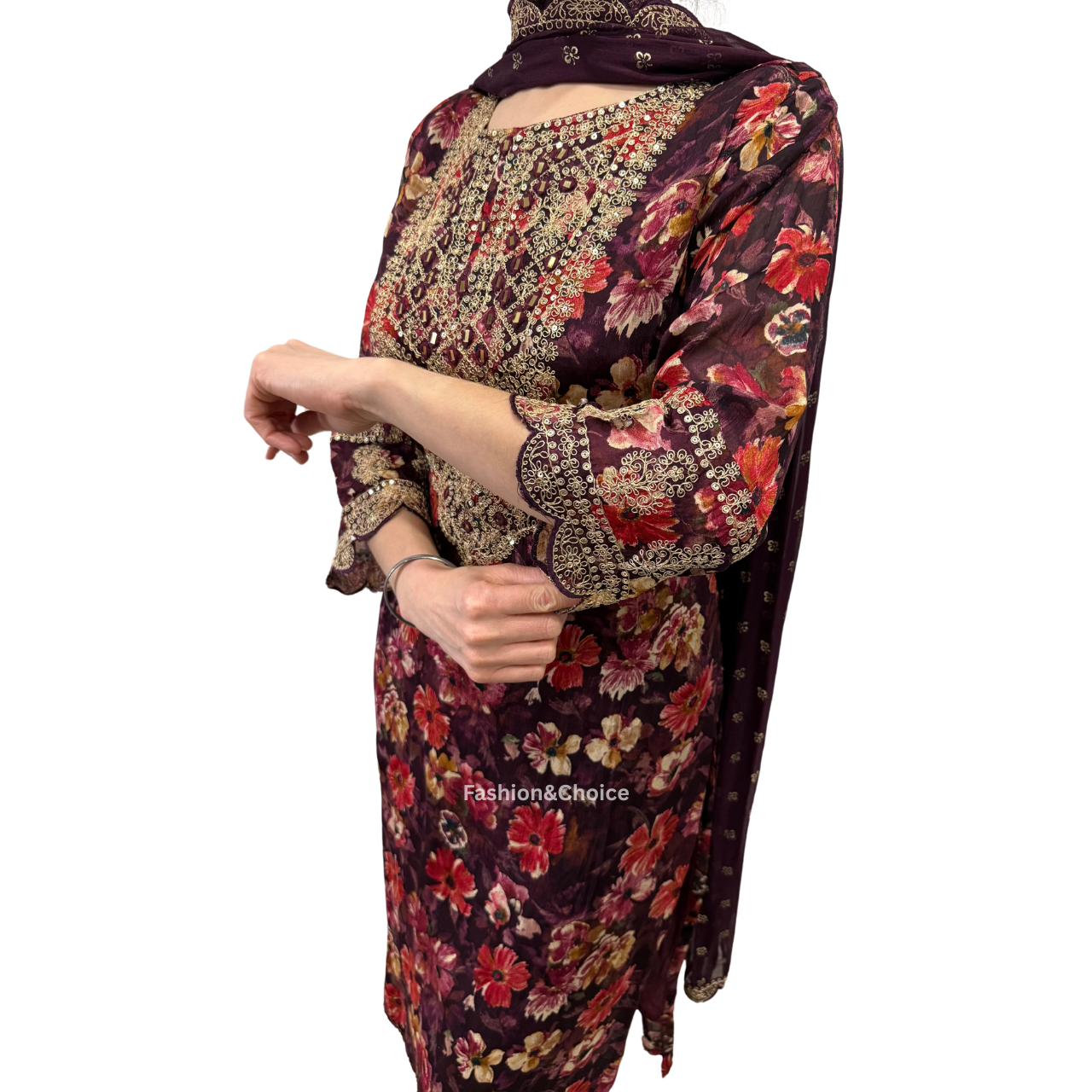 Wine Blossom – Floral Suit with Embroidery and Dupatta