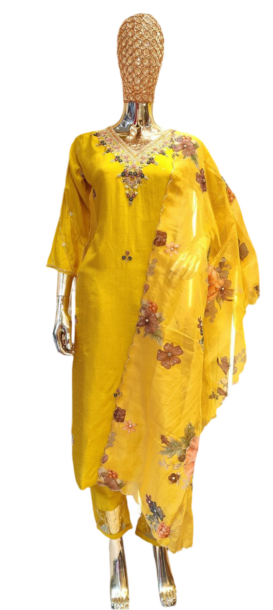 Boutique Luxe – Hand Embroidered Dola Silk Suit with Organza Dupatta