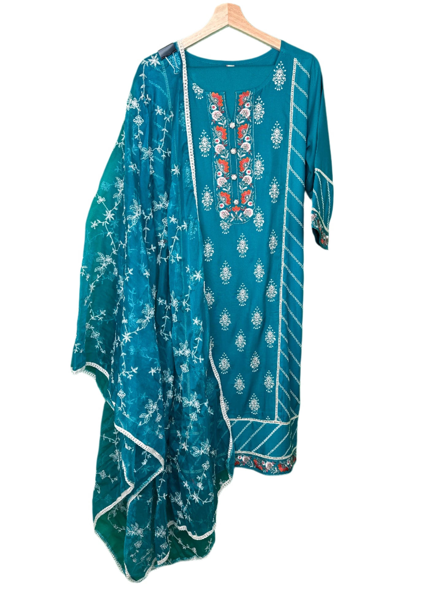 Elegant Charm – Turquoise Embroidered Rayon Suit with Organza Dupatta