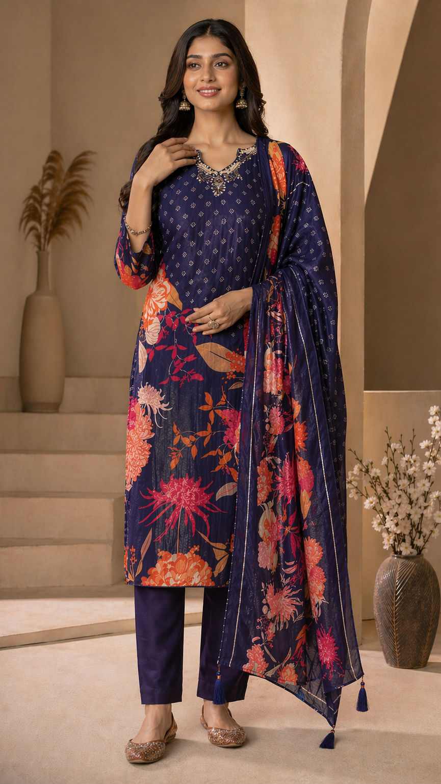 Twilight Bloom – Dark Purple Tissue Shimmer Suit with Embroidered Neckline
