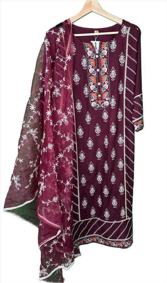 Embroidered Rayon Suit with Organza Dupatta