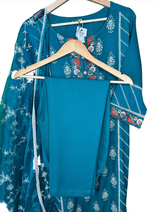 Elegant Charm – Turquoise Embroidered Rayon Suit with Organza Dupatta