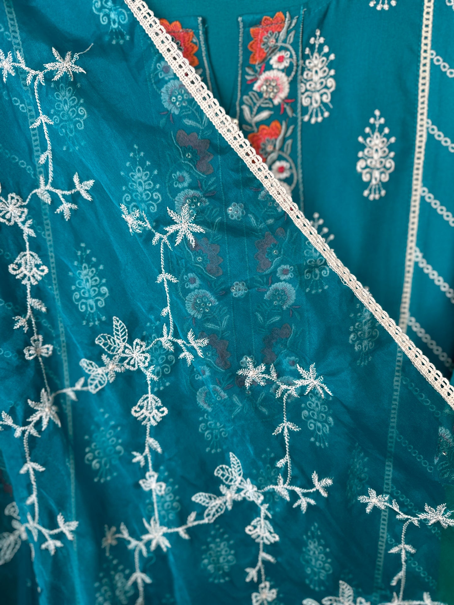 Elegant Charm – Turquoise Embroidered Rayon Suit with Organza Dupatta