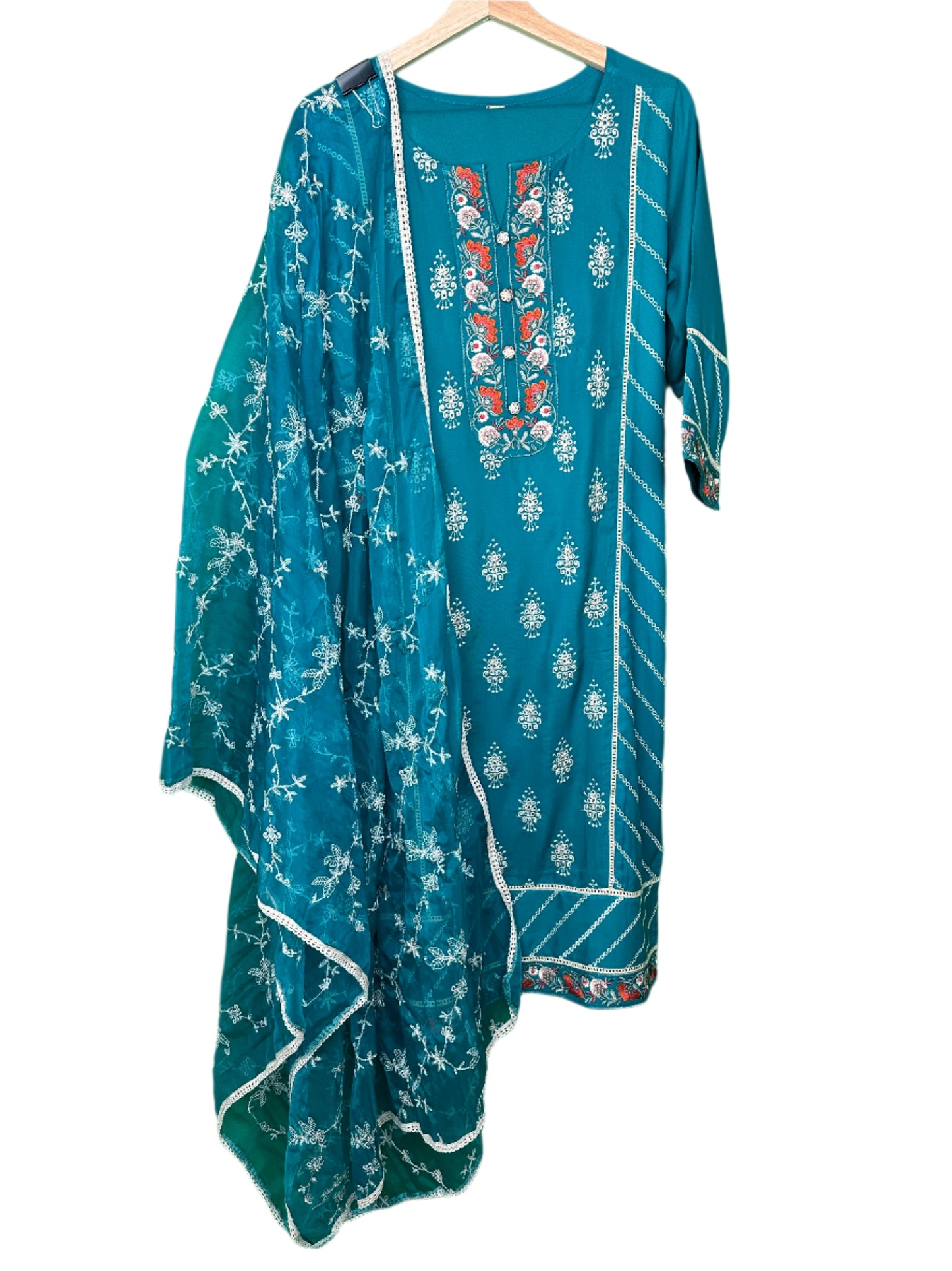 Elegant Charm – Turquoise Embroidered Rayon Suit with Organza Dupatta