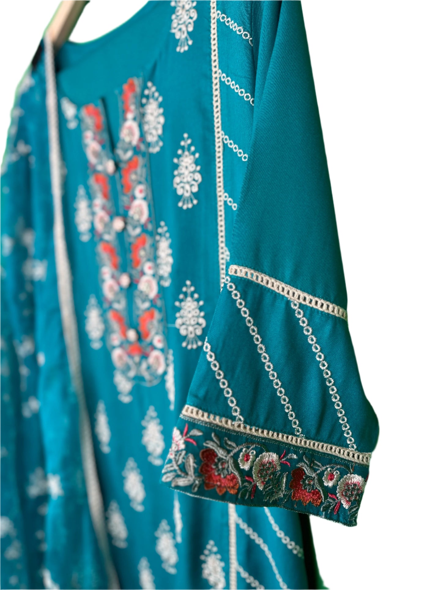 Elegant Charm – Turquoise Embroidered Rayon Suit with Organza Dupatta